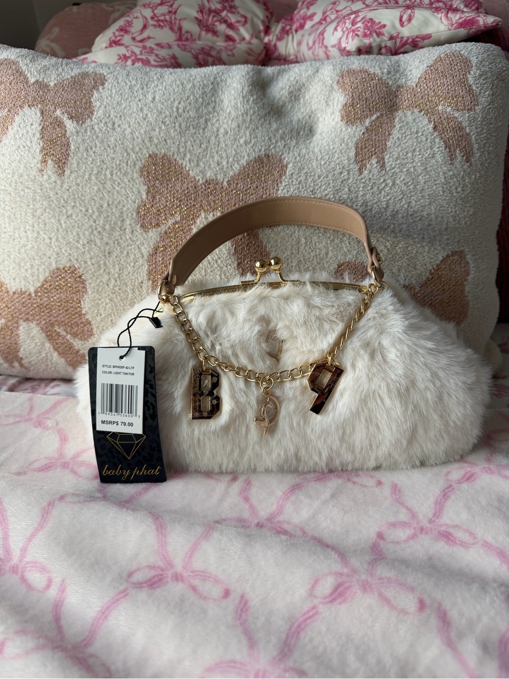 Baby Phat Cream Faux Fur Wristlet Clutch with Gold Charm Chain